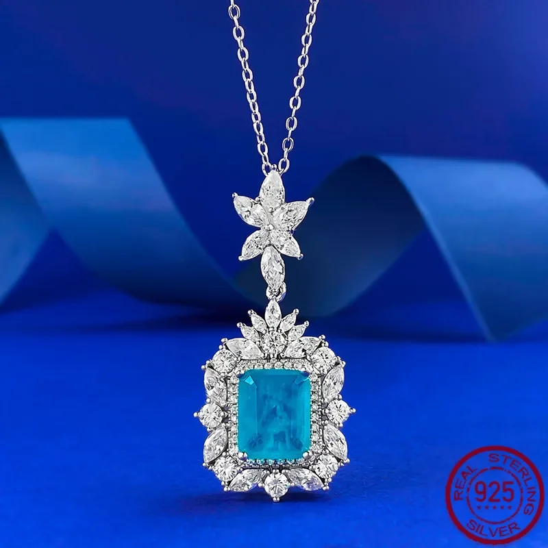 New European and American S925 silver micro inlaid Paraiba necklace collarbone chain retro style pendant wedding jewelry