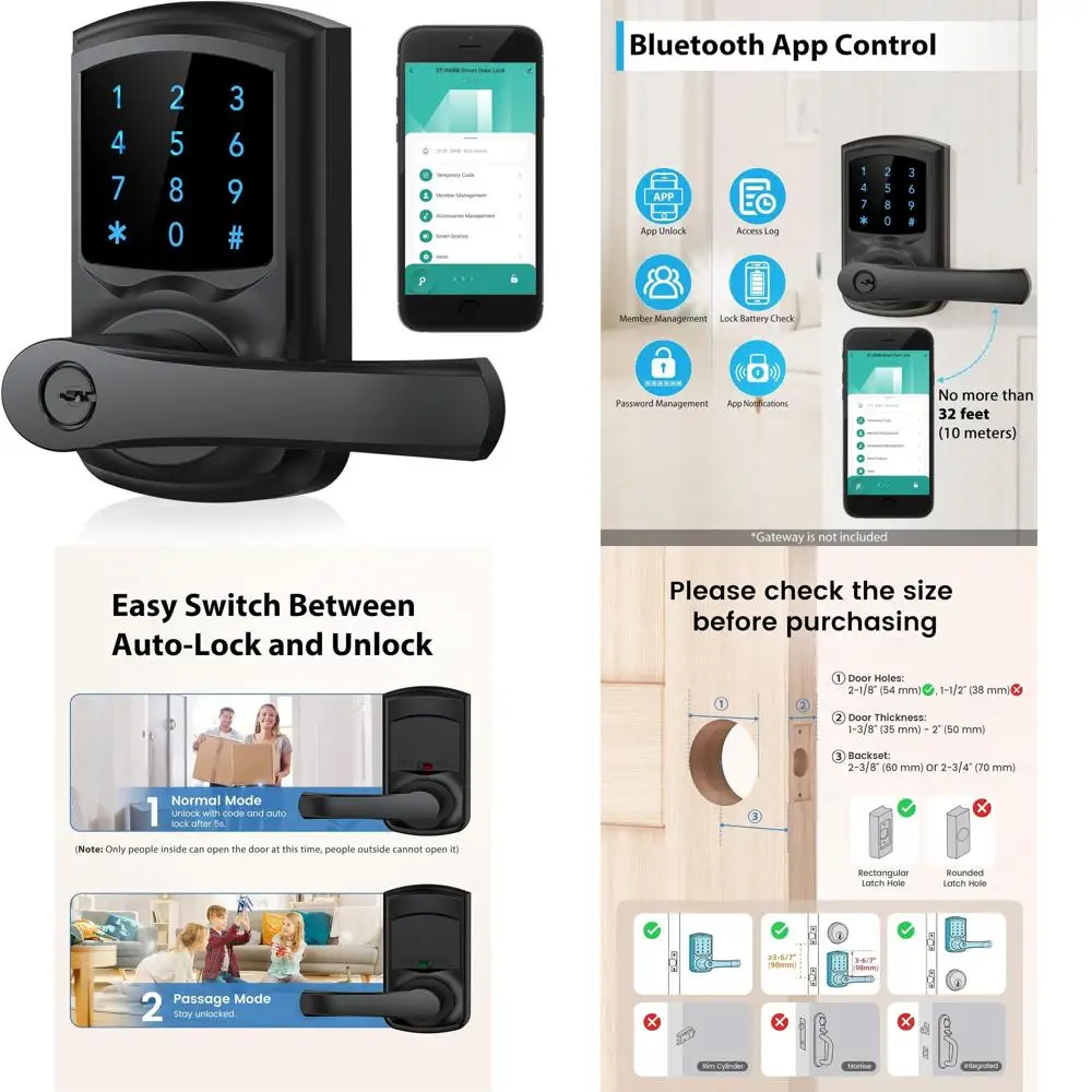 

Умный дверной замок с ручкой, бесключевой доступ, цифровая клавиатура, сенсорный экран, управление одним касанием, дистанционное и приложение-управление