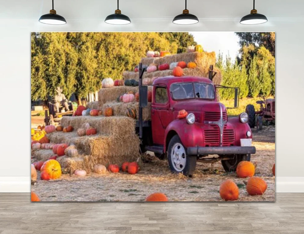 Pumpkin Autumn Truck Backdrops Photographic Haystack Outdoor Decoration Landscape Farm Natural Backgrounds Studio Photo Booth