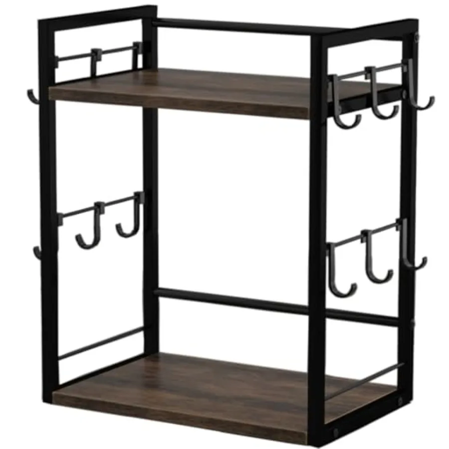 

2 Tier Coffee Bar Accessories and OrganizerMultifunctional Mug Holder with 12 Hooks Wood Coffee Station Organizer Kitchen Count