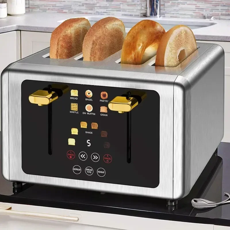 6 in 1 Intelligent Digital Screen Touch Control 4-Slice Smart Bread Toaster Stainless Steel with Audio Timer & 6 Shade