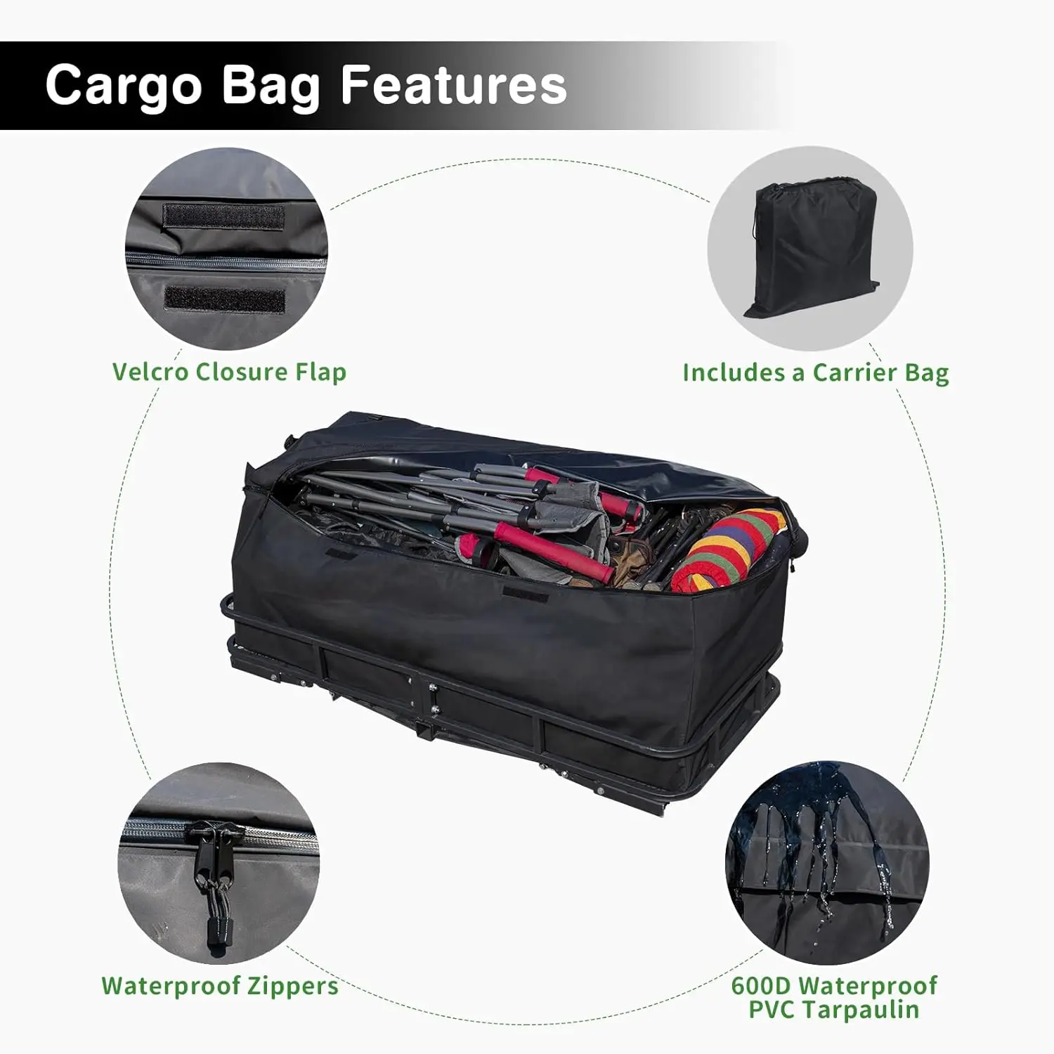 رف حامل البضائع ZZH مع حقيبة، سلة حامل السيارة القابلة للطي مقاس 60 بوصة × 24 بوصة × 6 بوصة لسيارات الدفع الرباعي، RV، الشاحنة، فان، Fi