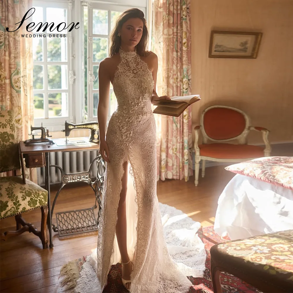 Semor 2026 Charming Floral Lace Mermaid Wedding Dress Customized Sexy Halter Backless Bridal Gown High Slit Dresses For Bride