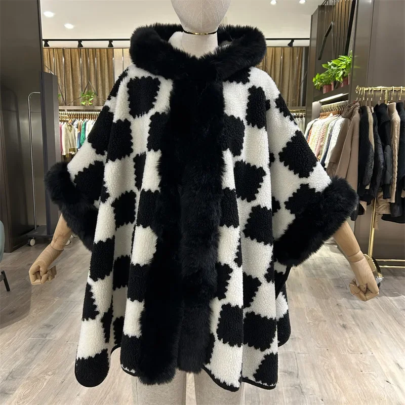 

3 Colors Sample Bat Sleeves Velvet Thicken Warm Plaid Coat Women Winter Faux Rabbit Fur Collar Loose Poncho Cloak With Hat