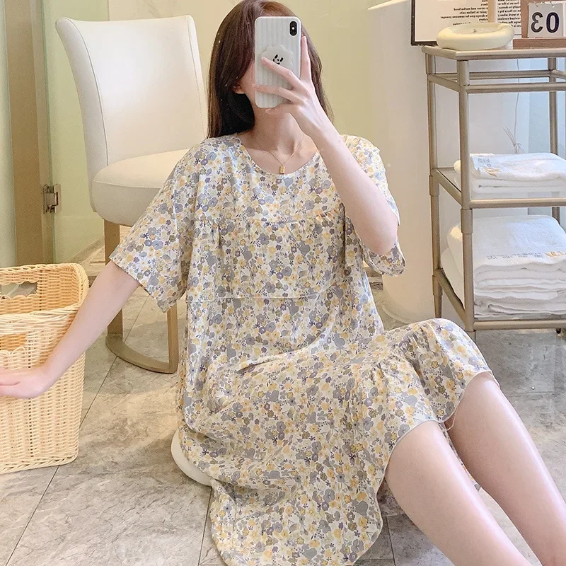 Nightdress Women Summer Thin Large-size Cotton Silk Skirt Pajamas Ladies Loose Loungewear Female Outdoor Floral Nightgowns Girls