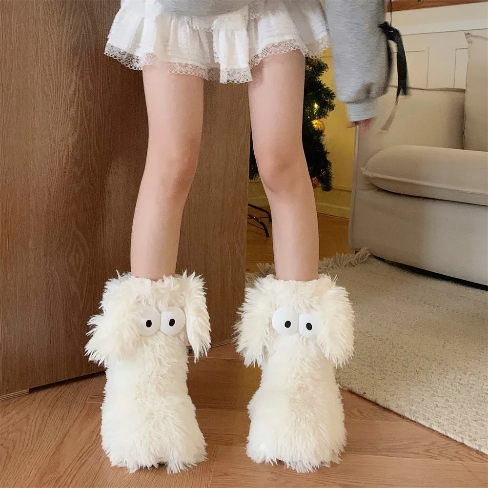 

Kawaii носки-тапочки с большими глазами и ушками щенка, нескользящие носки до середины икры с героями мультфильмов, утепленные теплые зимние носки из кораллового флиса