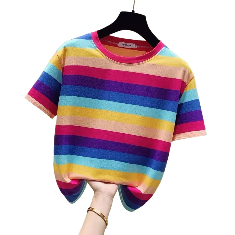 

Sweet Striped Short Sleeved T-shirt Women's Round -neck Loose Top 2025 Summer New Versatile Korean Version Short Tee