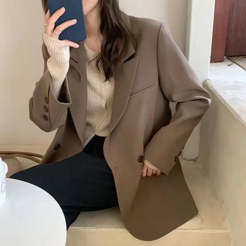 

Long Blazers Woman Spring Fashion Casual Double-Breasted Office Lady Notched Collar Slim-Fit Elegant Solid Outerwear Stylish