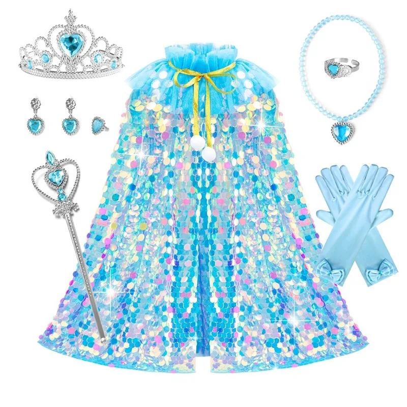 Shiny Fish Scale Cape & Mermaid Crown Set for Girls, Sequined Princess-Style Cape, Outfit Set for Birthday Photoshoots & Parties - view 3