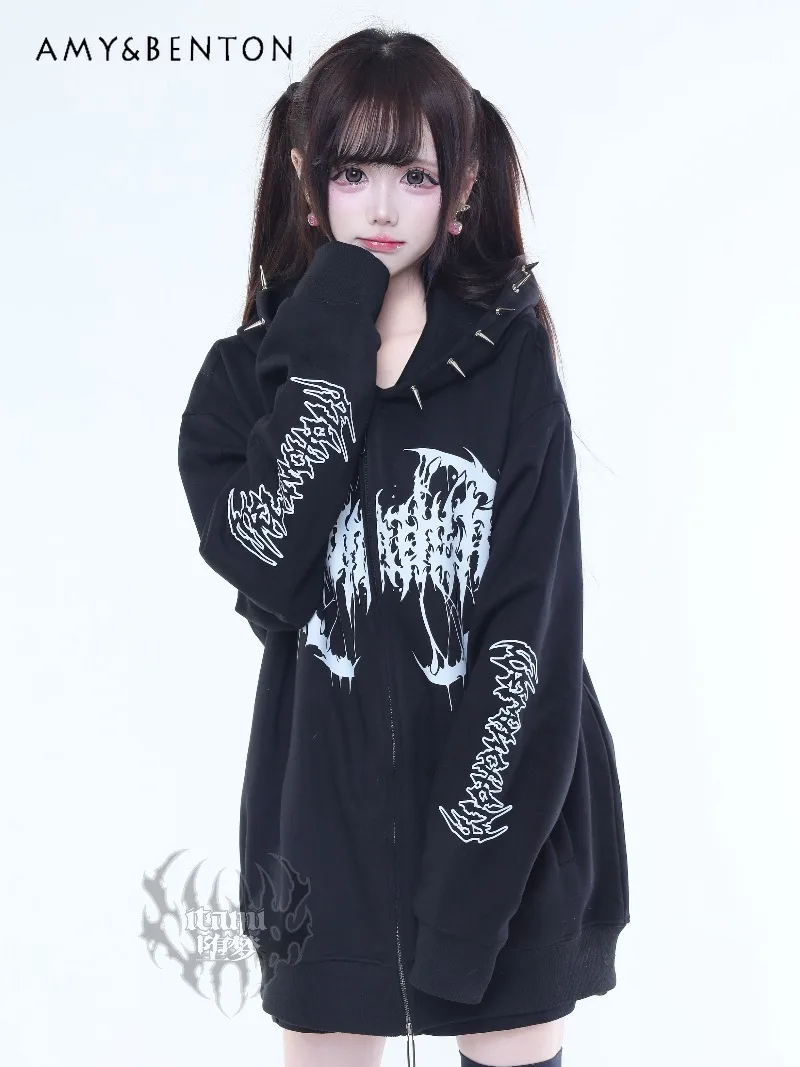 

Original Dark Girl Gothic Print Rivet Loose Hoodies Women Subculture Japanese Mass-Produced Punk Style Oversized Zip Up Hoodie