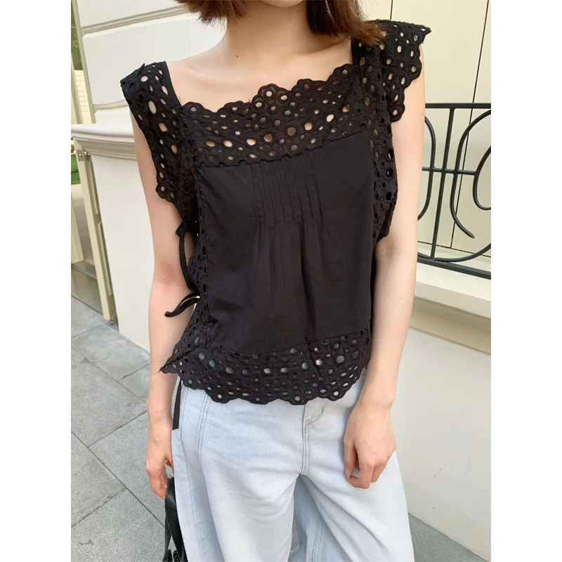 

Korean Style Women's Square Collar Sleeveless Shirt Hollow out Pleated Design Summer New Fashion Breathable Comfortable Top