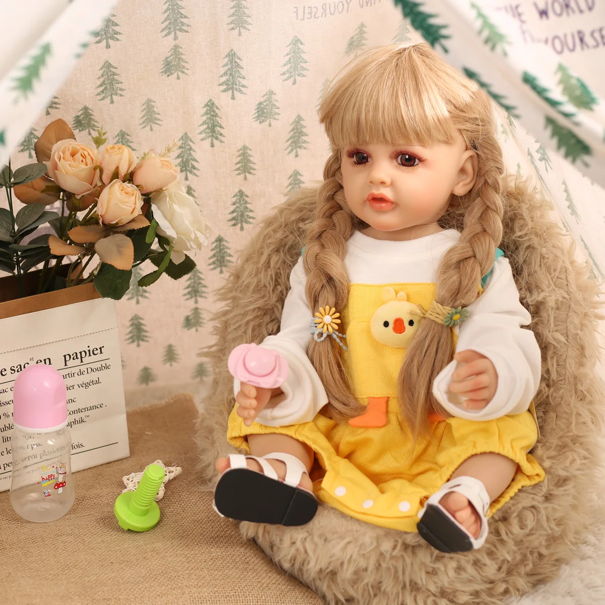 55cm Reborn Baby Doll Yellow Strap Pants Doll Girl For Children's Toy Birthday and Children's Day Gift