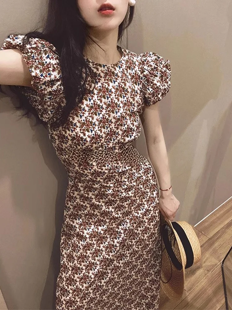 

Летнее женское платье ROUJE KEFSS с цветочным принтом, повседневное, с рукавами-фонариками, длинное, с завышенной талией, А-силуэт