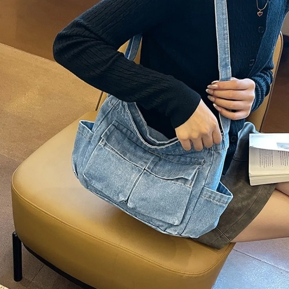 

Canvas Denim Messenger Bag Multiple Pockets Harajuku Commuting Shoulder Pouch Large Capacity Korean Style Underarm Bag Travel