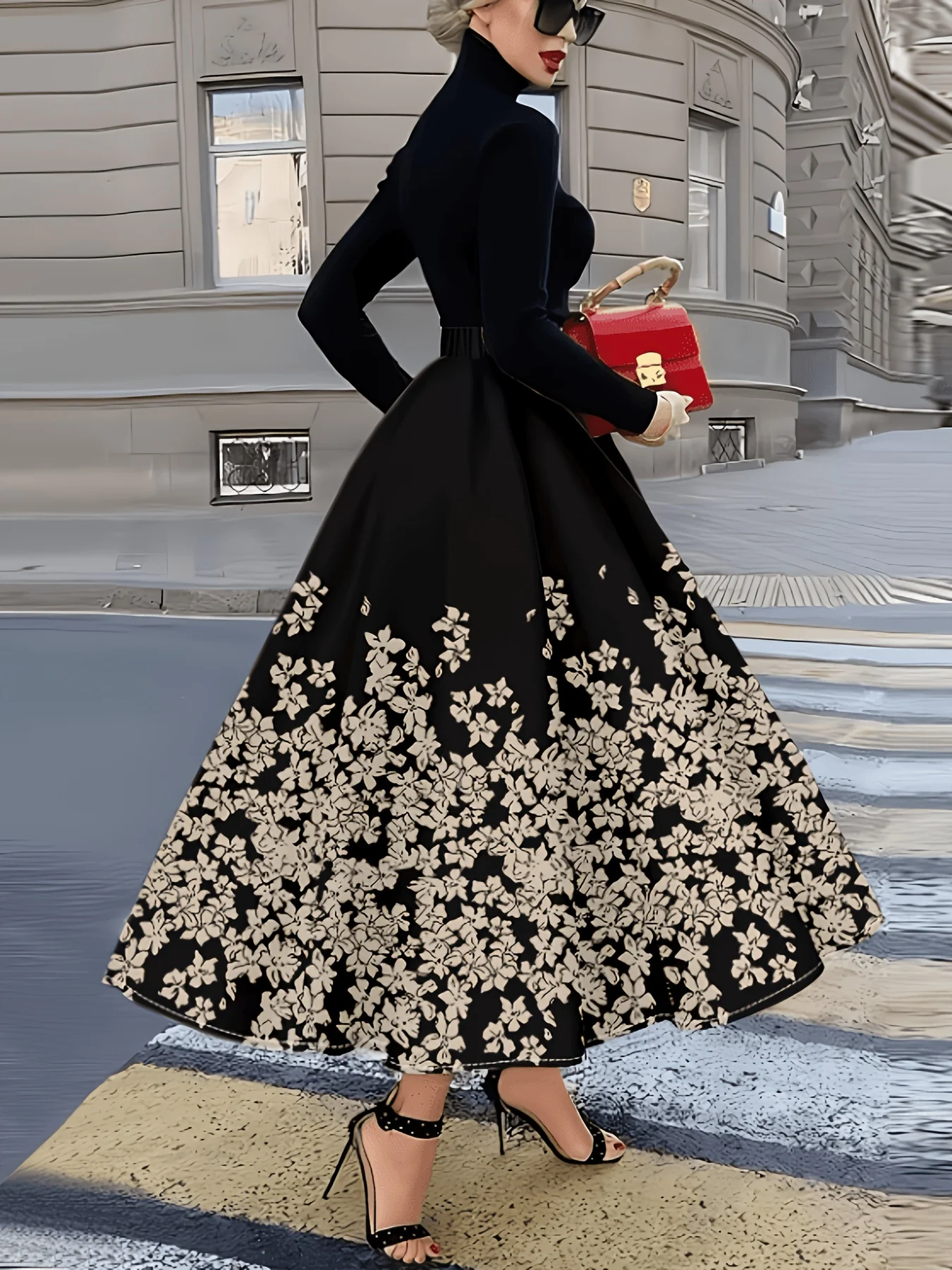 Floral Series: Casual Style Skirt with Floral Print on Black Background, Suitable for Commuting, Going Out, Dating, and Vacationing
