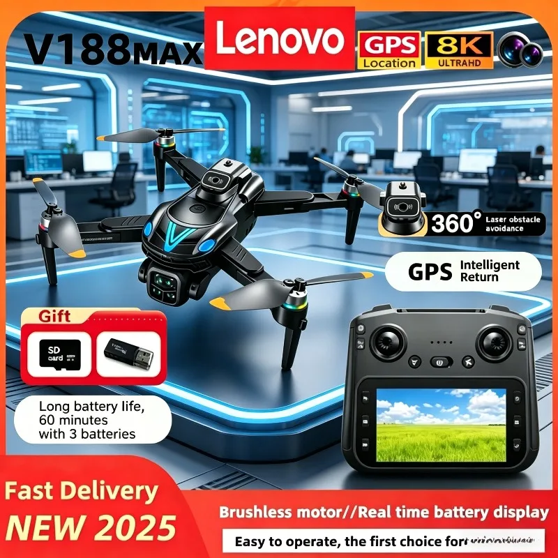 

Дрон Lenovo V188MAX GPS 8K с профессиональной камерой, FPV, облетом препятствий, дистанционным управлением, складной, с экраном