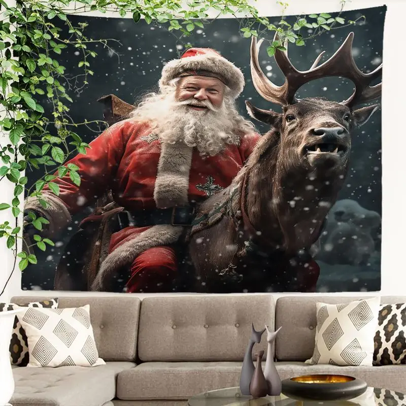 VIKAMA Reindeer Santa Wall Hanging Tapestry, Christmas Snow Scene with Smiling Santa Deer Antler for Living Room Decor