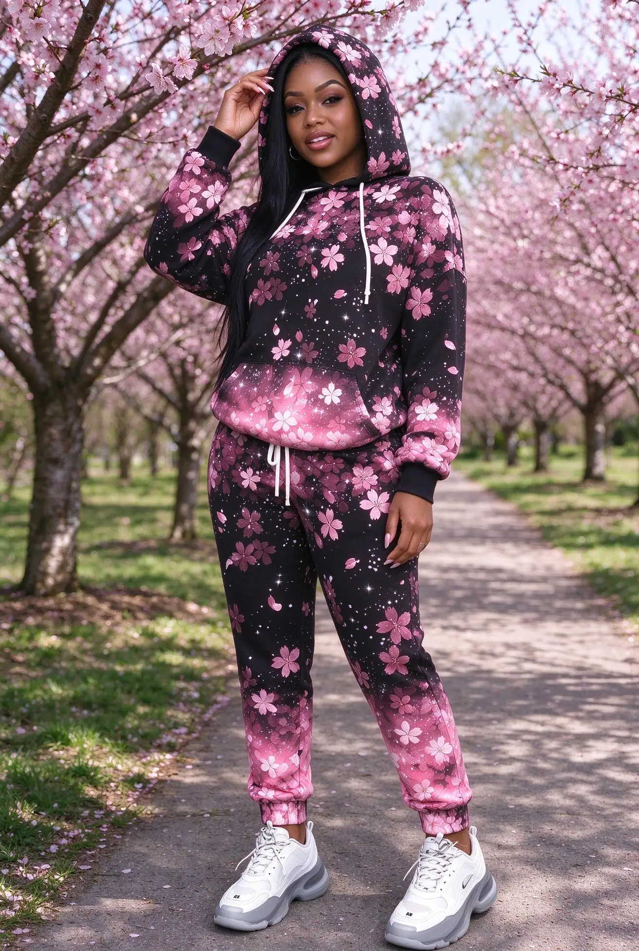 Women Galaxy Floral Print Hooded Tracksuit 2Pcs, Hydrangea Cherry Blossom Rose Starry Sky Drawstring Hoodie Jogger Set