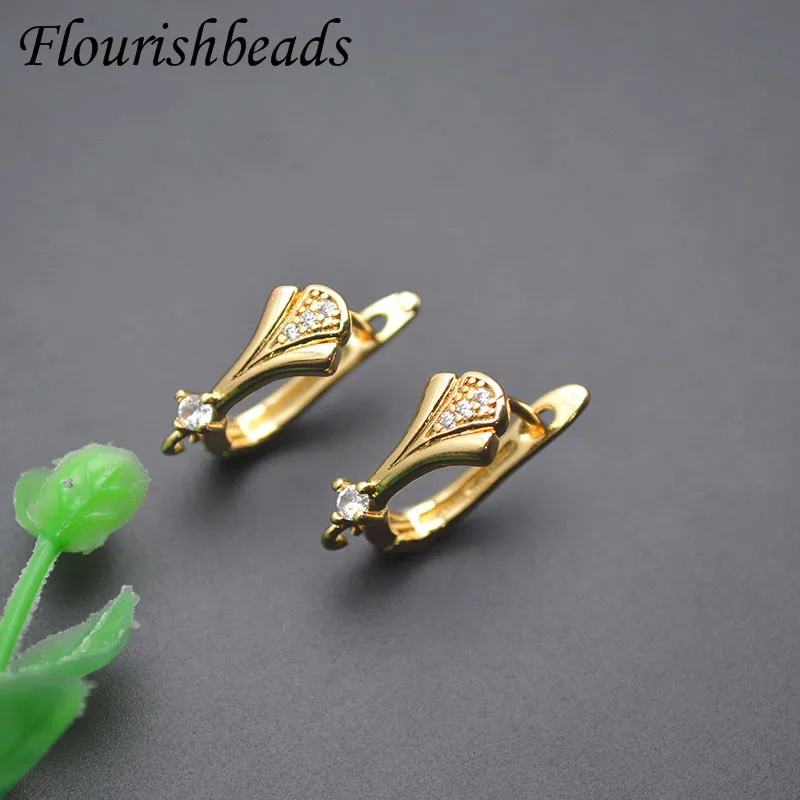 Real Gold Plated 18k Gold Leaf Shape Paved CZ Beads Earring Hooks Schwenzy Accessories for Women DIY Jewelry Making 30pcs/lot