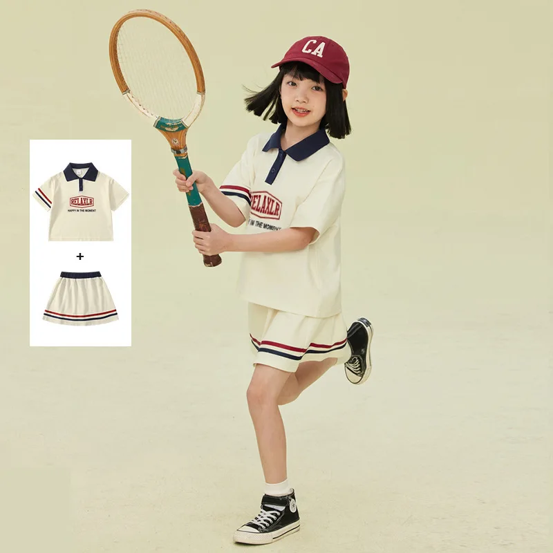 

Summer Children Girls Clothes Set Teenage Letter Printed Lapel T-shirts and Short Skirts 2pcs Set Kid Tennis Top Bottom Uniform