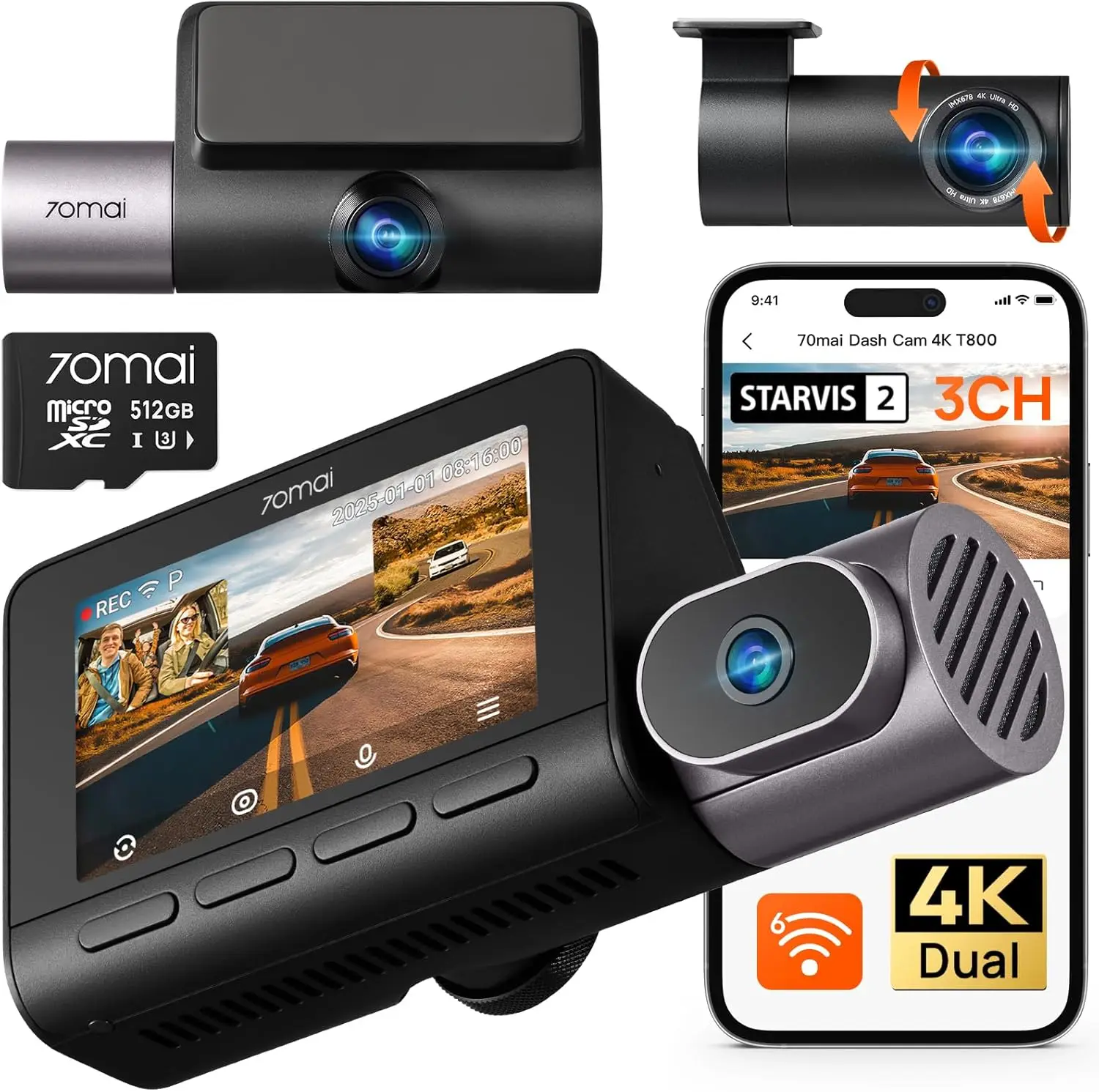 

STARVIS 2 IMX678, HDR Night Vision, Dash Camera for Cars with 512GB Card, WiFi 6, 4G LTE, ADAS, 24H Parking Mode