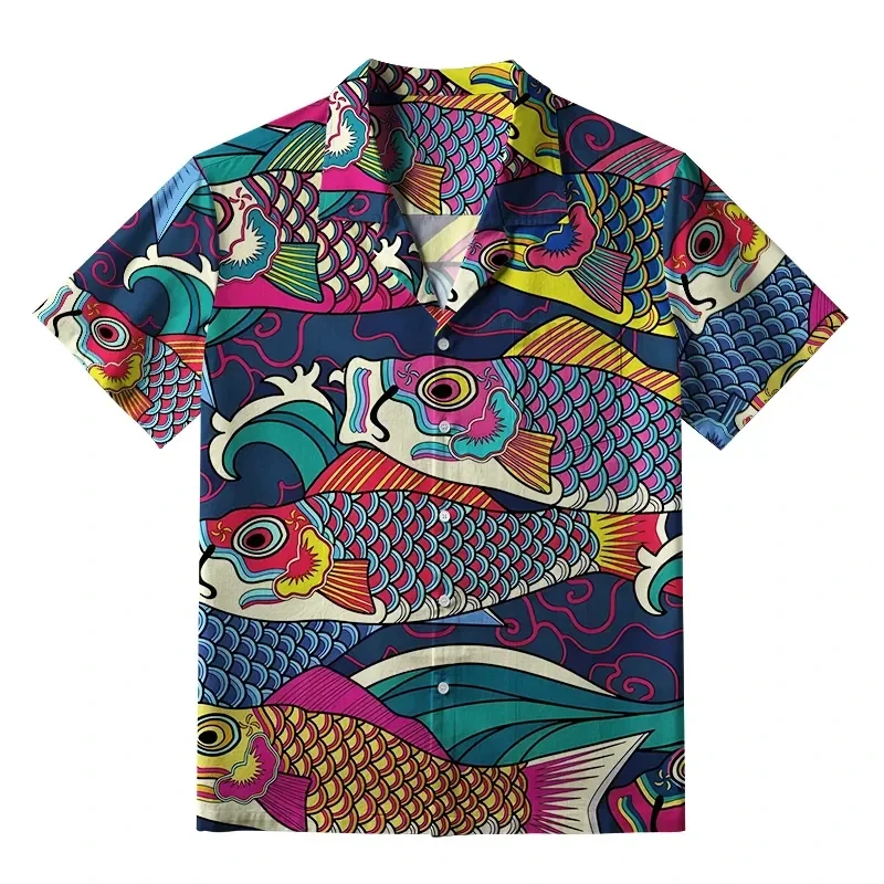 Men Polyester 3D Print Colorful Koi Fish Wave Art Pattern Short Sleeve Lapel Button Up Casual Summer Beach Vacation Shirt