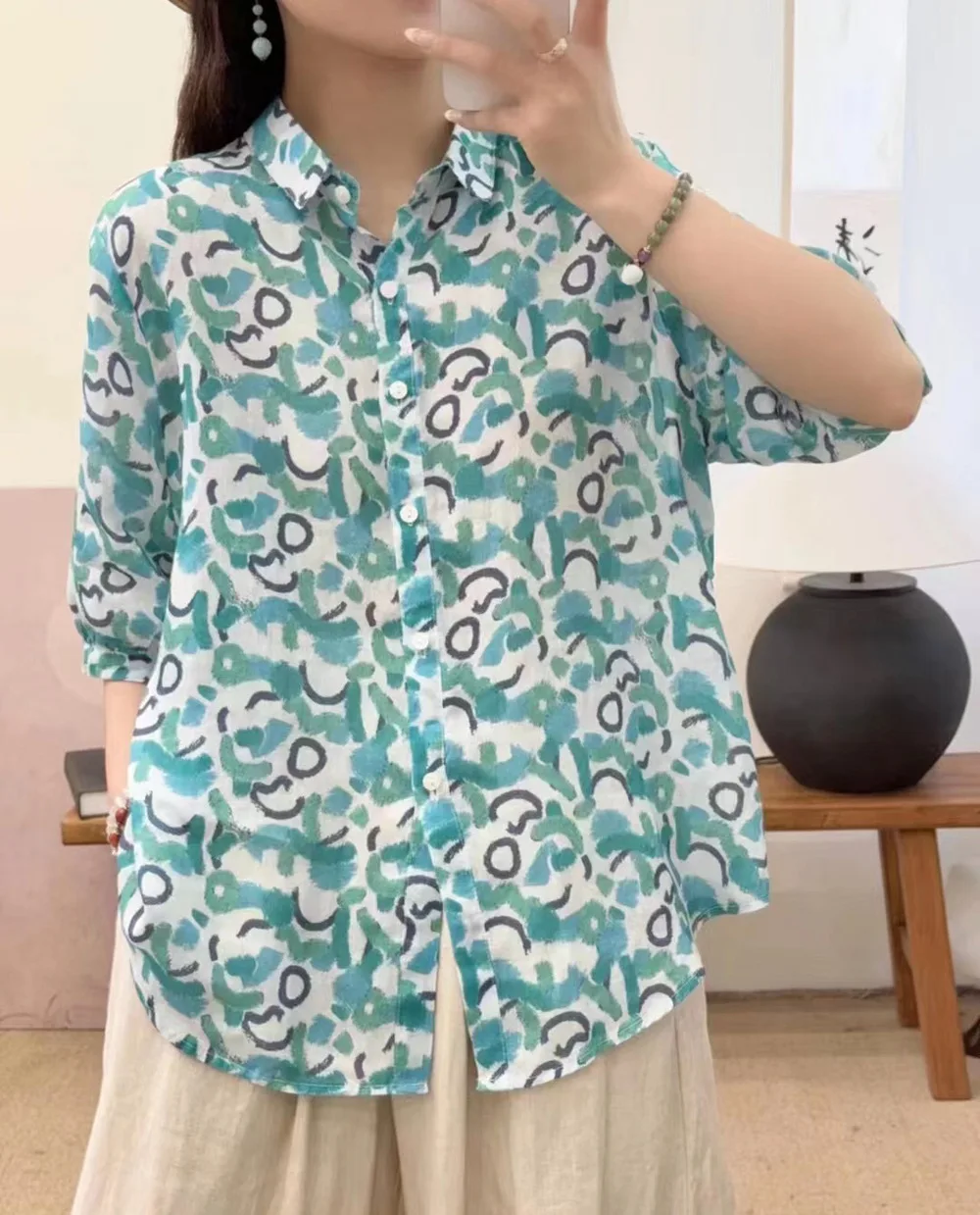 New Summer Cotton Linen Half Sleeve Shirt Lapel Printed Tops Mori Girl Casual Loose Commute Retro Blouse 2024 Autumn T46748QC