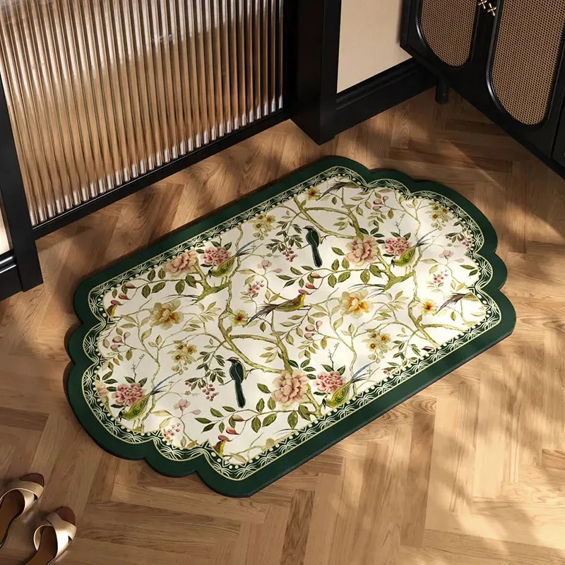 Retro Chinese Style Bird Flower Diatomite Floor Mat Scalloped Edge Non‑Slip Absorbent Rug For Bathroom Entryway Indoor Home Deco