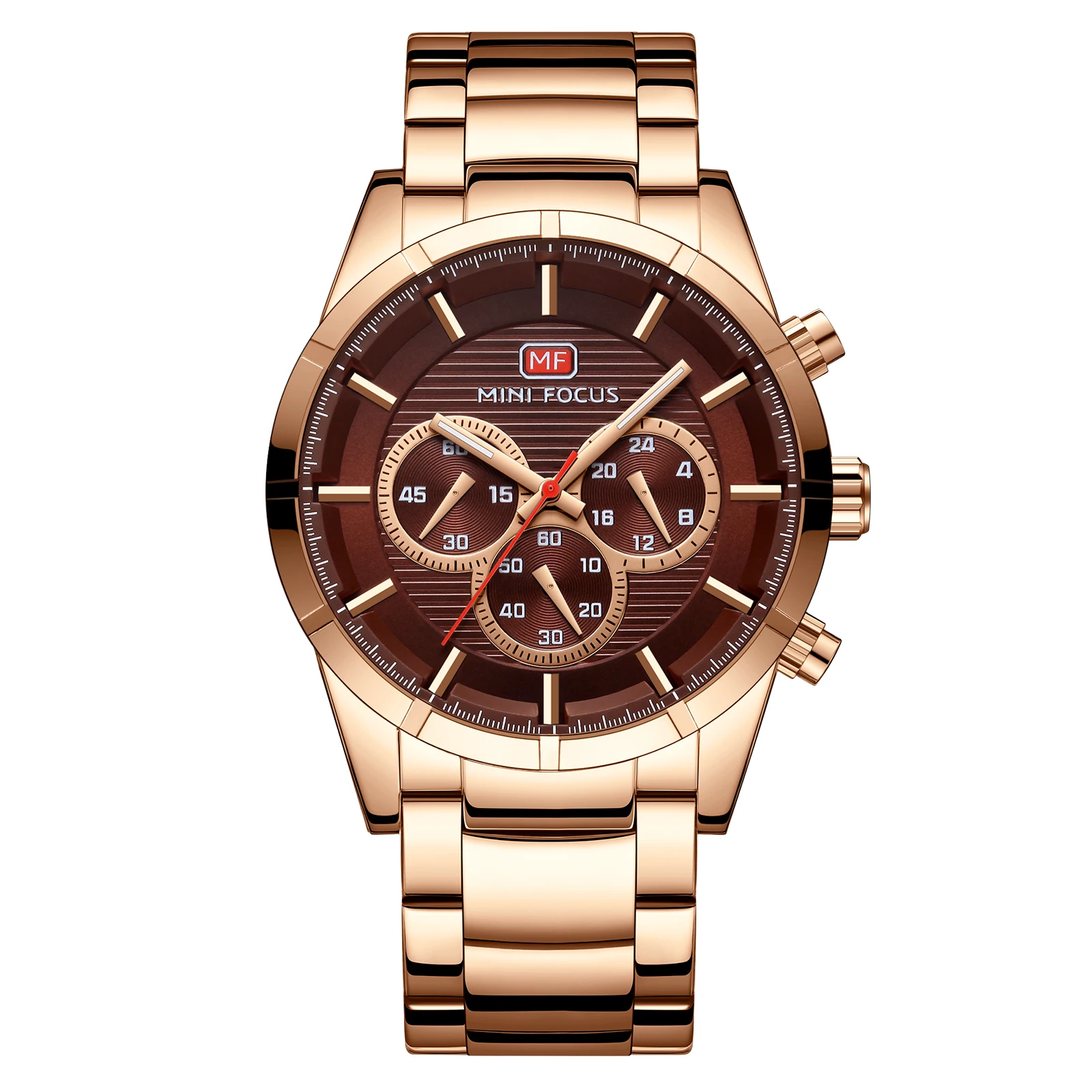 New Mini Focus MF0170G Analog Quartz Watches Waterproof Chronograph Rose Gold Stainless Steel Band Luxury Men Watch