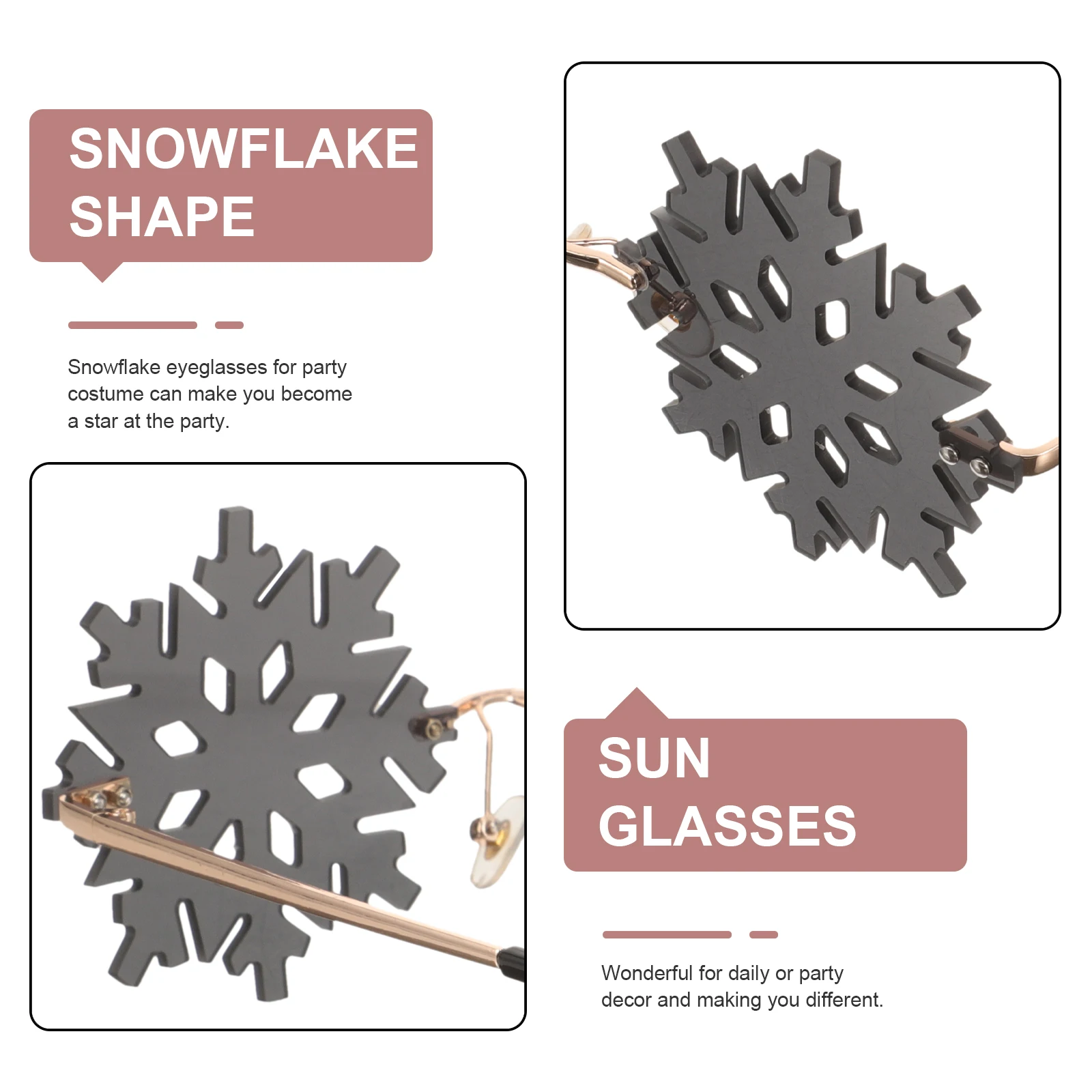 

Snowflake Sunglasses Rimless Black Xmas Party Eyewear Photo Props Gifts Creative Design Fit Most People New Year Birthday Travel