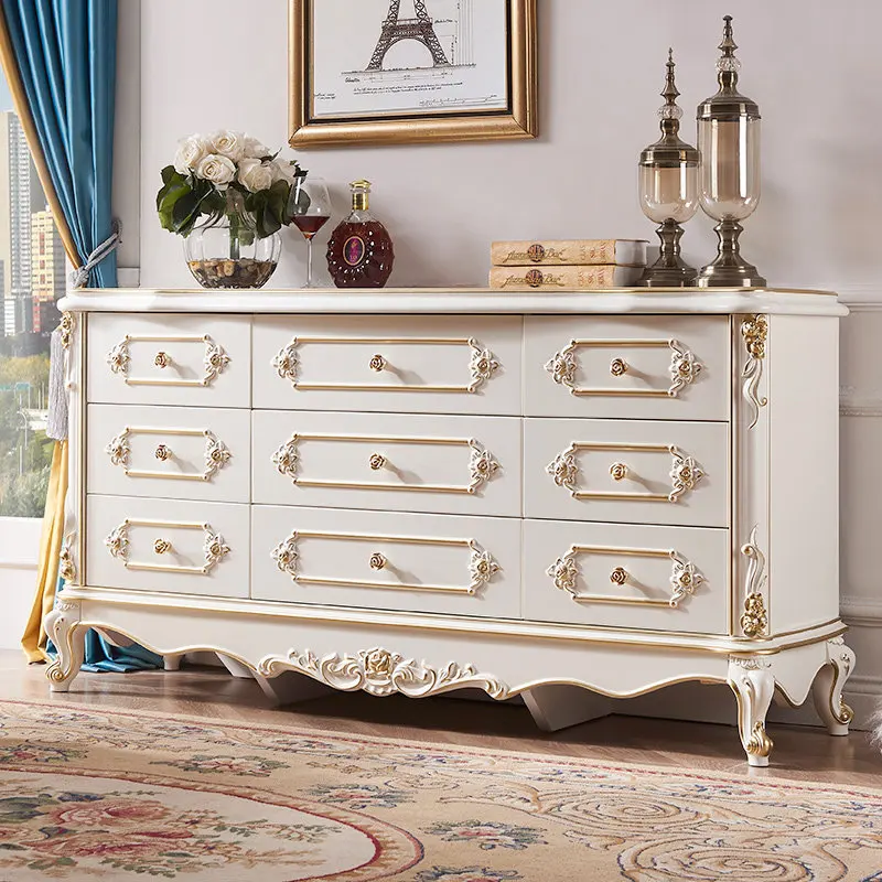 

European solid wood nine chest cabinet bedroom luxury locker French large capacity storage cabinet storage TV cabinet white