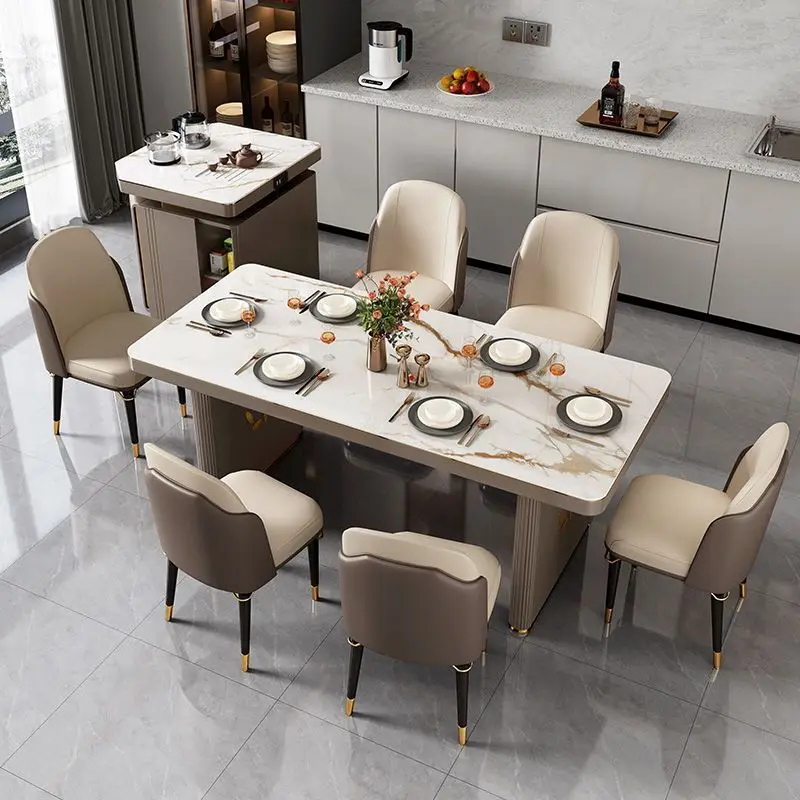 Customized new rock slab mobile induction cooker small apartment integrated island with combined household dining table