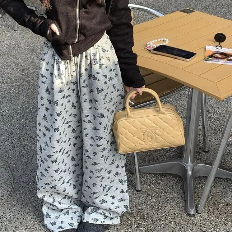 بنطلون نسائي واسع الساق بطبعة زهور وخصر مرتفع مع رباط، مريح وفضفاض، أزياء نسائية عصرية