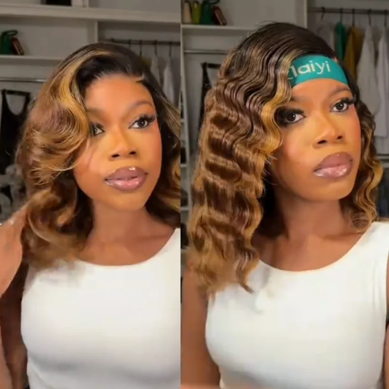 Klaiyi Human Hair Wigs 7x5 Lace Glueless Brown Blonde Highlights Wavy Bob Wig With Face-Framing Layers Side Part Wig