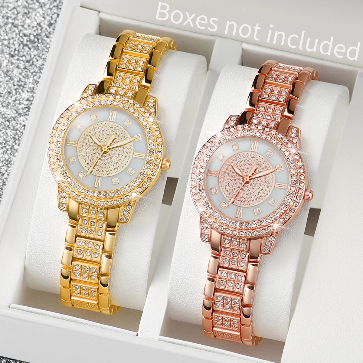 2PCs/Set Fashion Watch Classic Dial Stainless Steel Quartz Watch Gold Rose Gold Color