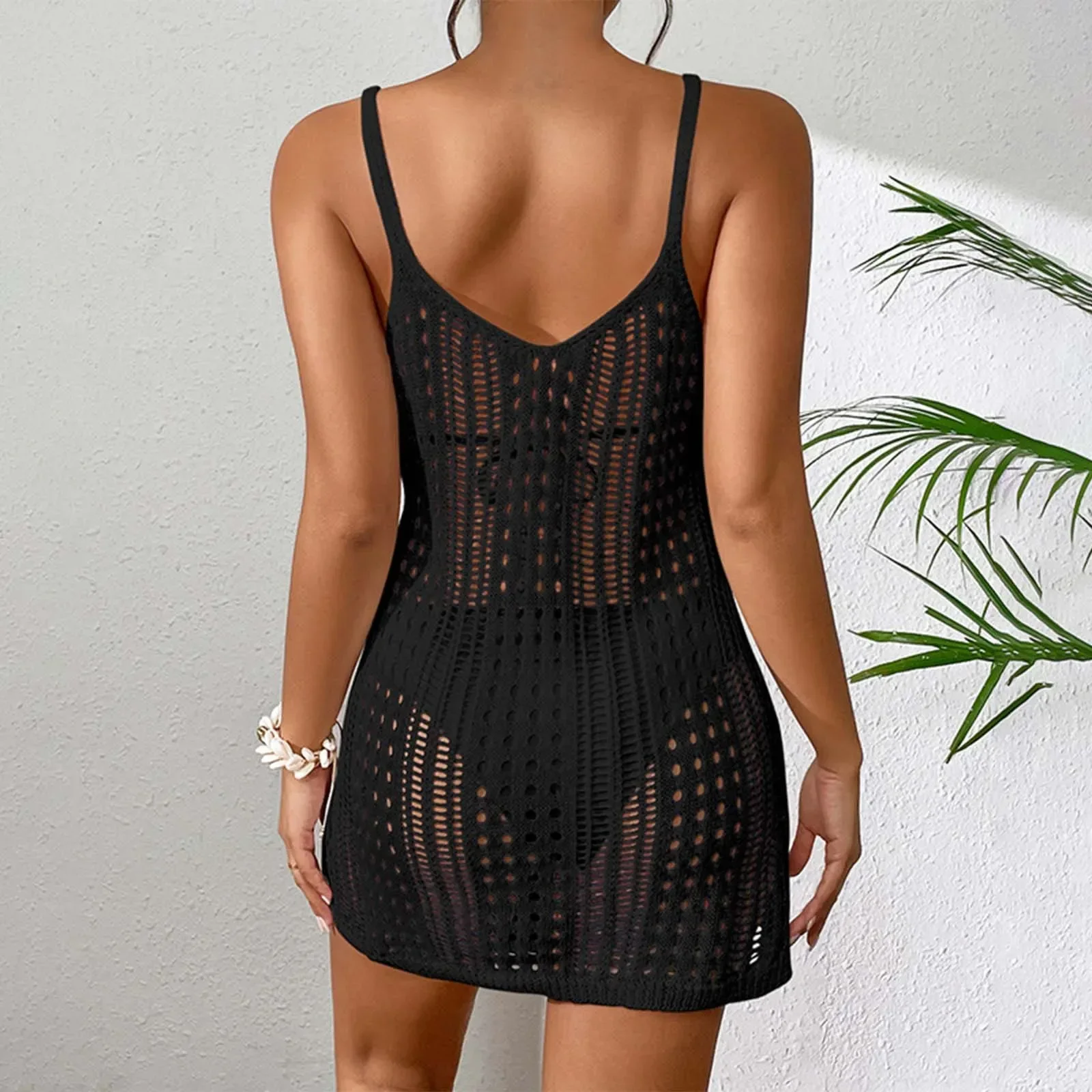 ニットビーチウェア女性用クロシェ水着カバーアップ水着水着夏用中空シースルーミニドレスパレオカバーアップ