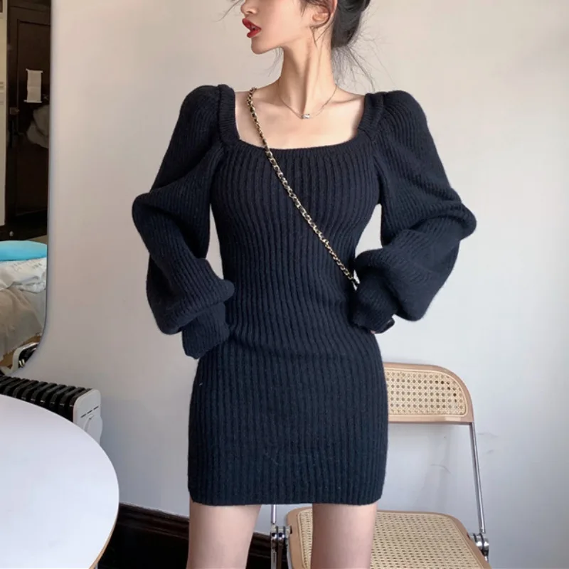 Spicy Girl Wearing Women's Square Neck Sweater Dress Women's Autumn Winter New Pure Desire Wind Bag Hip Skirt Short Skirt