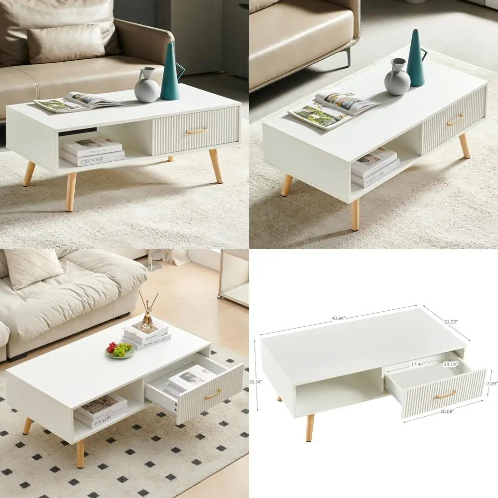 

Mid-Century Style Wooden Coffee Table with Striped Drawer, Modern 41 Large Rectangular Storage Coffee Table, White Rectangular C
