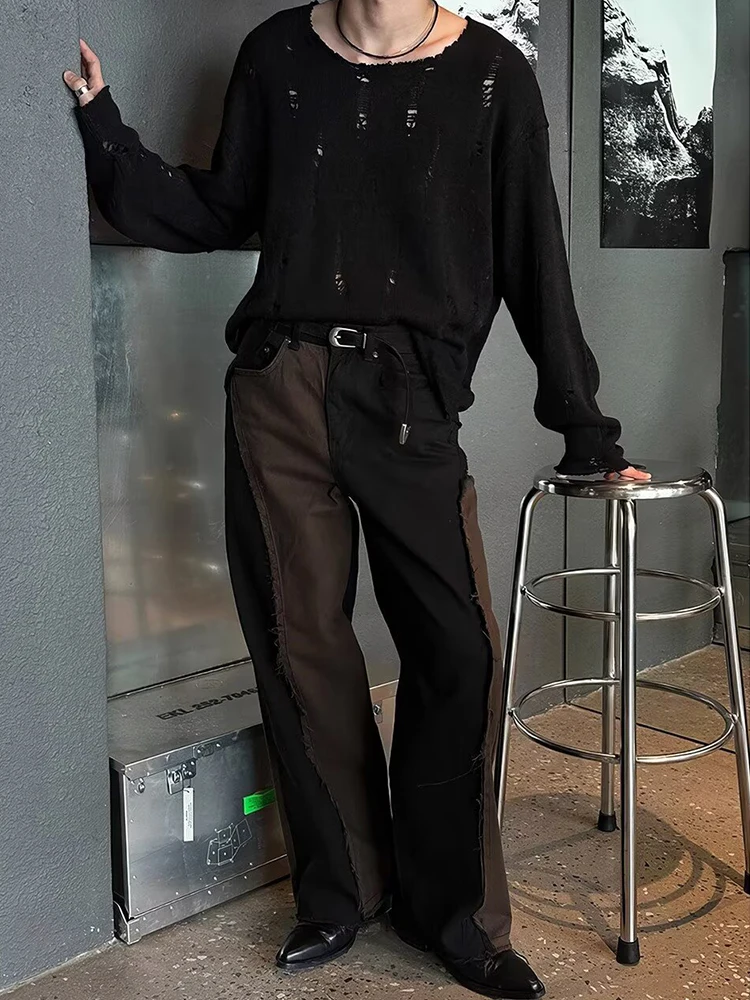 2025 가을 트렌디 남성 니트 티셔츠 빈티지 솔리드 컬러 찢어진 디자인 니트 티셔츠 남성 야외 캐주얼 긴팔 상의