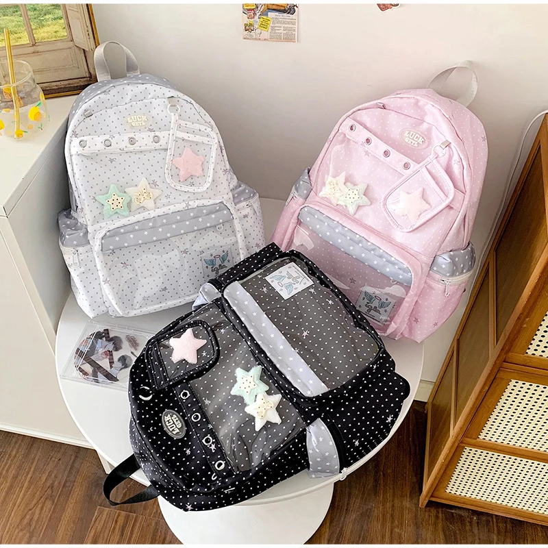 Ita Bag Transparent Backpack PVC Large Capacity Cute Polka Dot Anime Style School Backpack DIY Badge Display Bag for Girls Teens