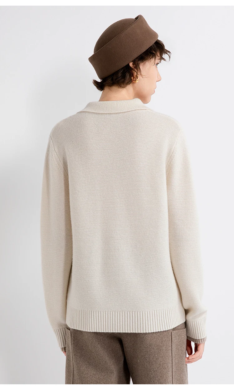 TX862182 Damen-Pullover mit Polokragen und offenem V-Ausschnitt aus Wolle-Kaschmir-Mischung, entspannte Passform, dezenter Luxus für den frühen Herbst. – Detail 6