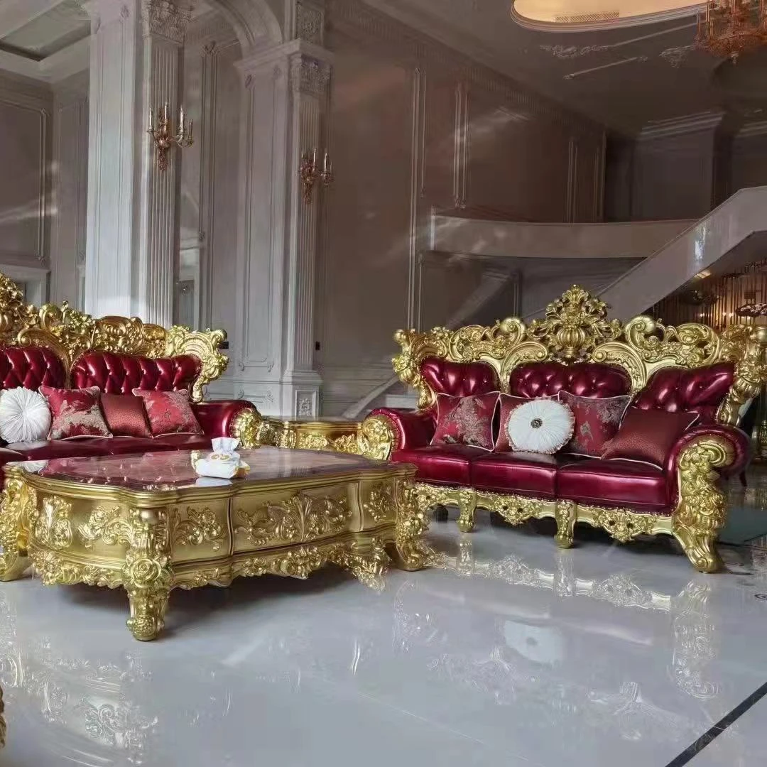 Royal European Chesterfield Sectional Living Room Sofa Set Wooden Frame Genuine Leather & Fabric Upholstery