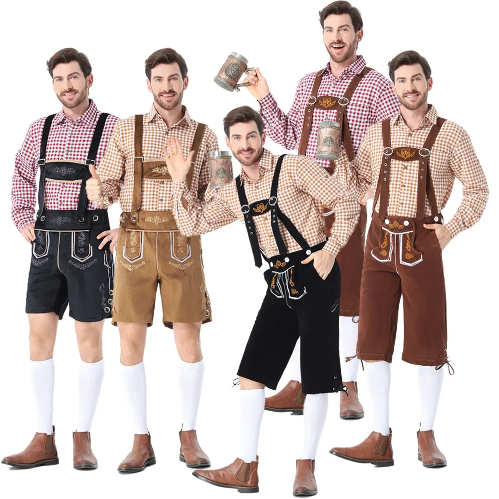 Mens Plaid Shirt Embroidered Bib Pants Munich Oktoberfest Halloween Cosplay Party Costume