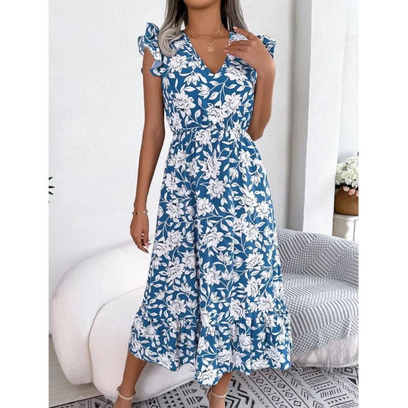 

Spring/Summer Leisure Long Holiday Dress Women Elegant Ruffled Patchwork Large Swing Dresses Ladies Elastic Waist Dress Robe