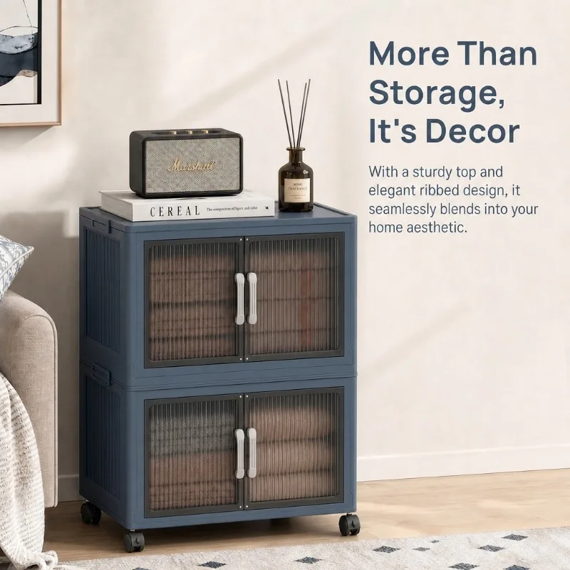 3‑Tier Stackable Plastic Storage Cabinet with Wheels, Foldable Organizer Cabinet with Transparent Flap Doors, Rolling Clothes Storage Bin for Bedroom, Living‑Room, Closet view 4