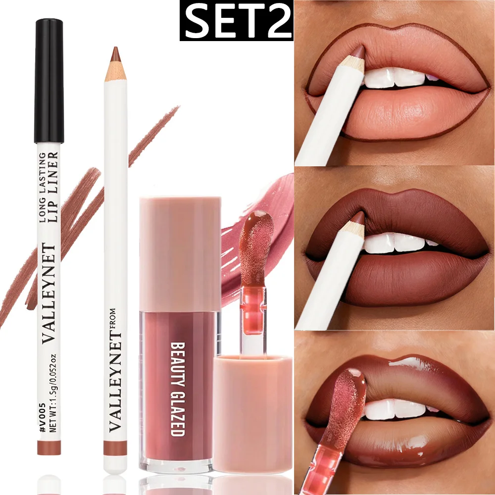 Óleo labial nude 2 tamanhos, delineador + óleo labial fosco, batom de veludo de longa duração, à prova d'água, conjunto de combinação de maquiagem, cosméticos