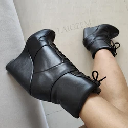 BERZIMER Ankle Booties Wedges Faux Leather Lace Up Height Increase Black Short Boots Ladies Shoes Woman Big Size 40 42 45 47 52