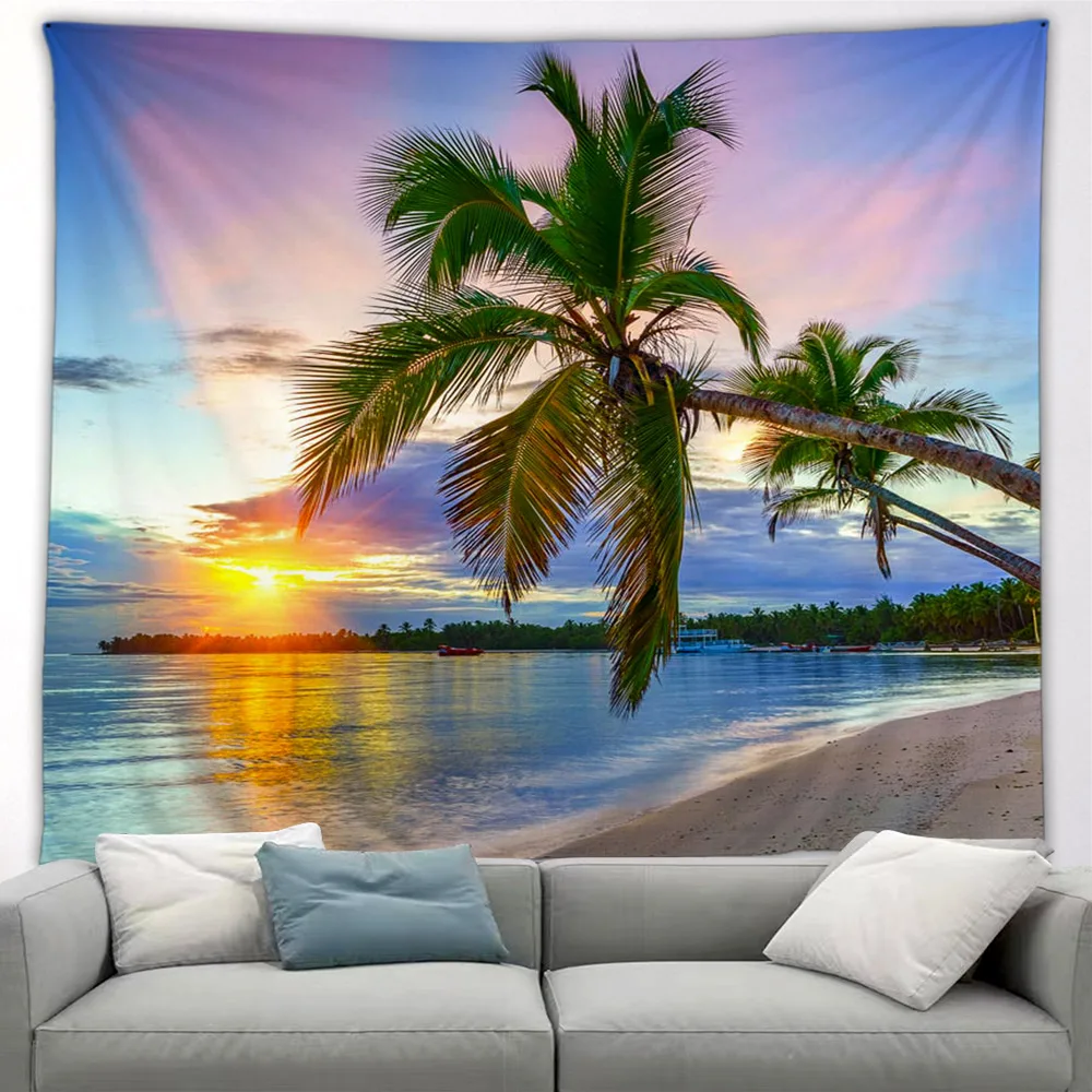 Island Beach Tapestry Coconut Tree Hawaiian Landscape Tropical Ocean Outdoor Poster Nature Landscape Wall Hanging Home Art Decor