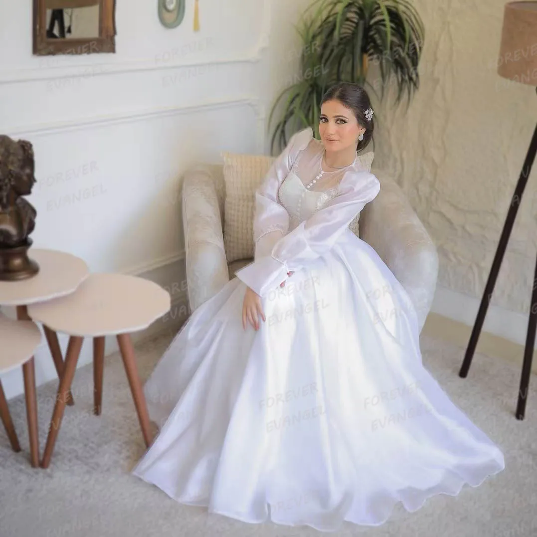 หรูหราชุดแต่งงานผู้หญิงสาย Elegant O คอยาวแขนยาวเซ็กซี่ Fluffy เจ้าสาว Gowns Vestidos De Novia Robe Mariée