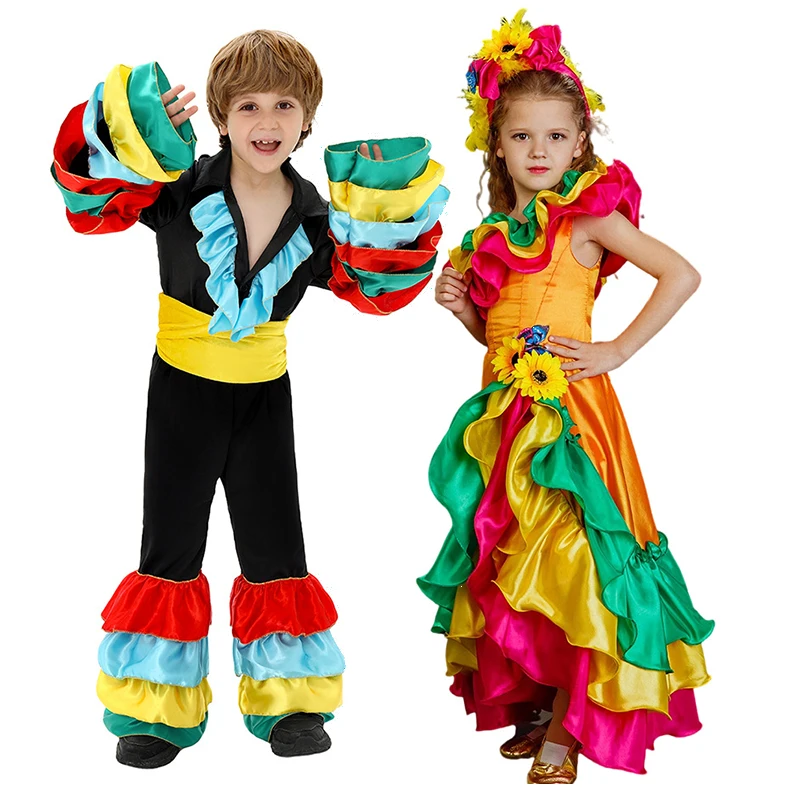 Traje de Baile Flamenco Español para Niños, Rumba, Samba, Disfraz de Bailarín Brasileño para Niñas y Niños, Traje de Carnaval de Río, Atuendo de Copacabana